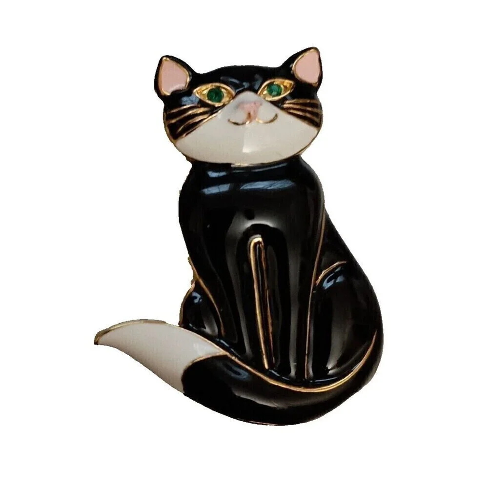 Cat Brooch Pin Black White Retro Look Metal with Enamel Goldtone Base Signed